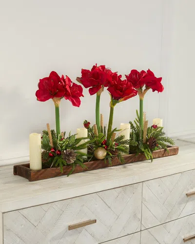 T & C Floral Company Amaryllis 37" Faux Floral Arrangement In Wood Tray With Candles In Red