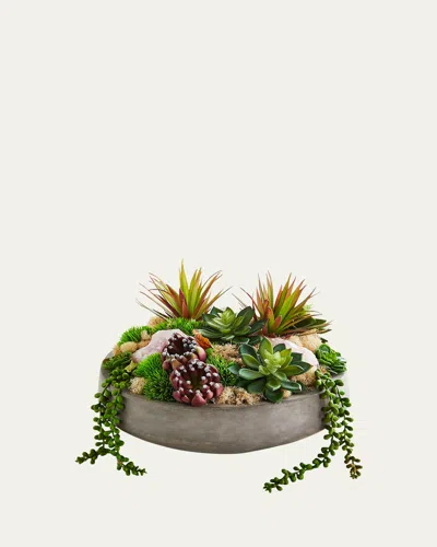 T & C Floral Company Concrete Bowl With Rose Quartz & Succulents In Pink
