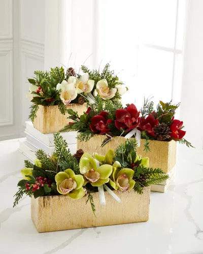 T & C Floral Company Holiday Orchids Faux Floral Arrangement With Gold Rectangle Container In Red