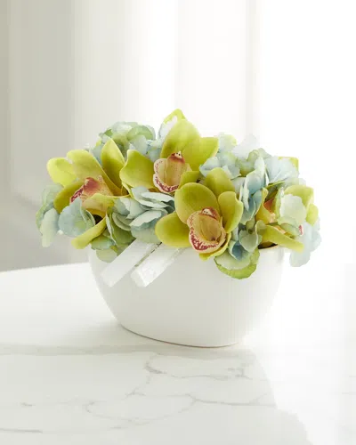 T & C Floral Company Hydrangea And Orchid Faux Floral Arrangement In Ceramic Bowl With Selenite - 8" In Green