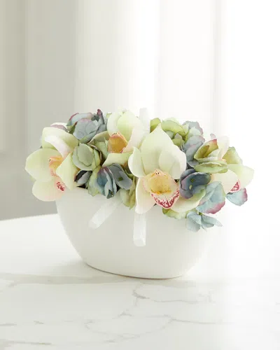 T & C Floral Company Hydrangea And Orchid Faux Floral Arrangement In Ceramic Bowl With Selenite - 8" In White