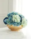 T & C Floral Company Hydrangea Faux Floral Arrangement In Hammered Metal Bowl With Selenite And Agate Slabs - 17" In Blue