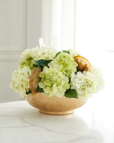 T & C Floral Company Hydrangea Faux Floral Arrangement In Hammered Metal Bowl With Selenite And Agate Slabs - 17" In Cream