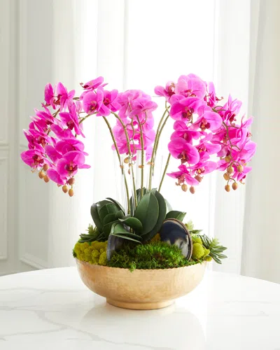 T & C Floral Company Orchid Faux Florals In Gold Hammered Metal Bowl With Selenite & Agate Slabs - 24" In Fuschia