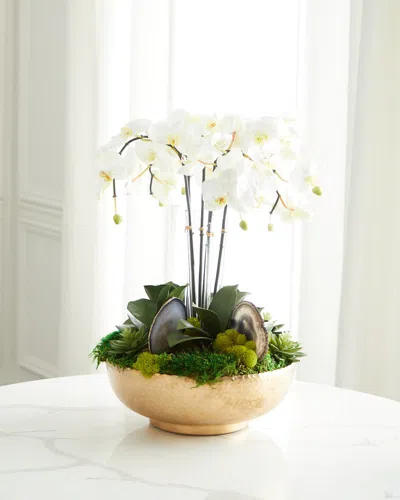 T & C Floral Company Orchid Faux Florals In Gold Hammered Metal Bowl With Selenite & Agate Slabs - 24" In White