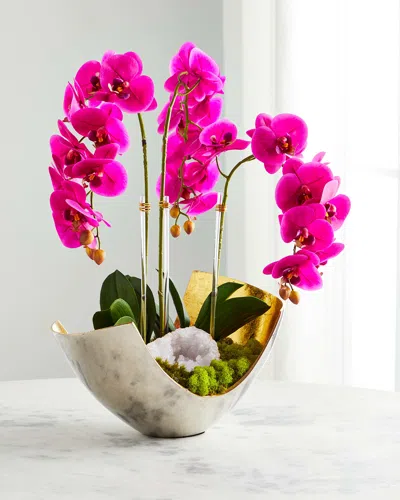 T & C Floral Company Orchids & Geode In Silver/gold Scoop Container In Fuchsia