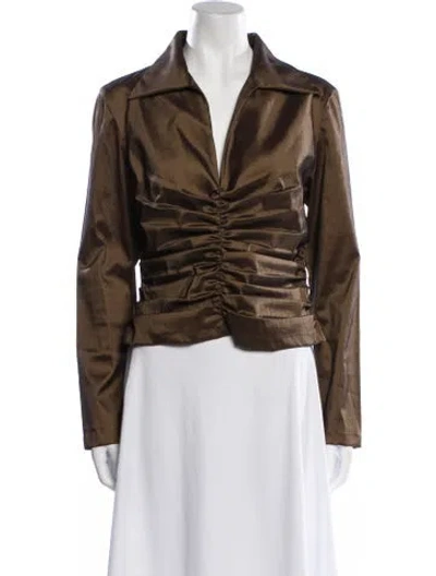 Pre-owned T By Tadashi V-neck Long Sleeve Blouse In Brown