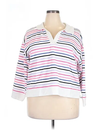Pre-owned T By Talbots 3/4 Sleeve Top White Stripes Pattern V Neck Tops