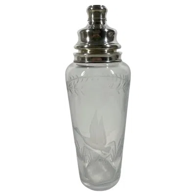 Pre-owned T. G. Hawkes & Co. Art Deco Etched Glass & Sterling Silver Cocktail Shaker Both Parts Marked Hawkes
