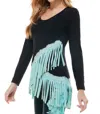 T Party Long Sleeve Fringe Bottom Top In Black In Black