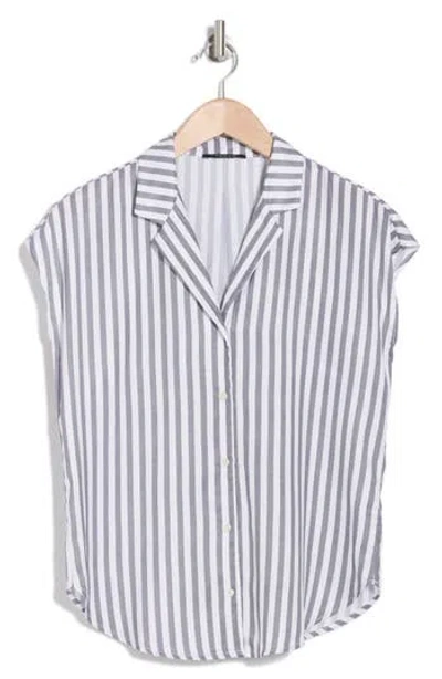 T Tahari Airflow Button-up Camp Shirt In White/jet Grey Stripe
