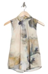 T Tahari Airflow Knotted Neck Sleeveless Top In Tan/green Marble Print
