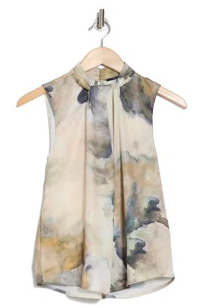 T Tahari Airflow Knotted Neck Sleeveless Top In Tan/green Marble Print