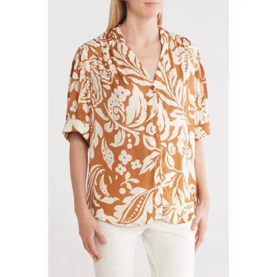 T Tahari Airflow Short Sleeve Button-up Shirt In Toffee/ivory Floral Print