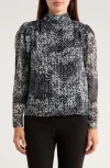 T Tahari Animal Print Long Sleeve Chiffon Top In Black