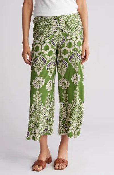 T Tahari Ankle Crop Wide Leg Palazzo Pants In Apple Green/ivory/navy Multi
