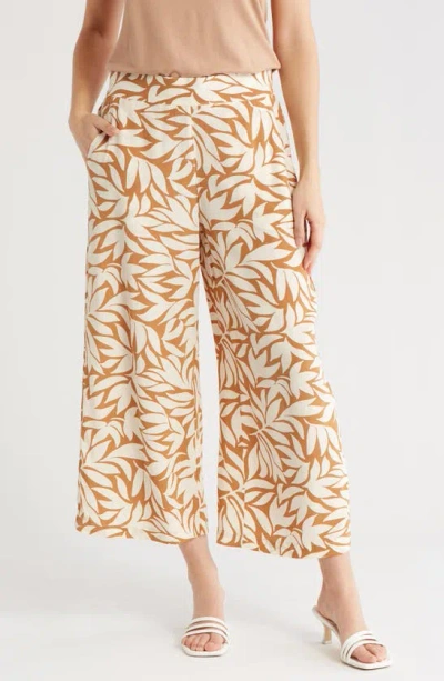 T Tahari Ankle Crop Wide Leg Palazzo Pants In Toffee Ivory Leaf