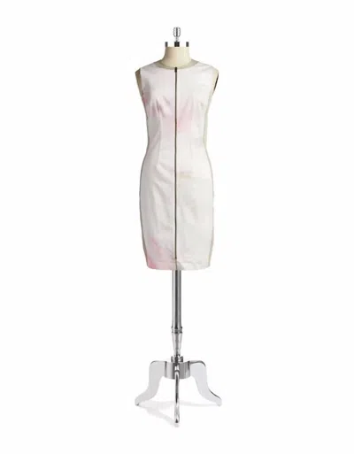 T Tahari Avani Printed Sleeveless Front Zip Stretch Dress In White In Beige