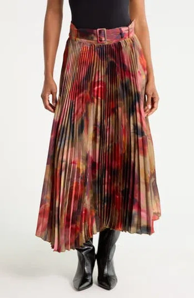T Tahari Belted Pleated Midi Skirt In Multi