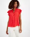 T Tahari Blouse Top Womens Hibiscus Red Flutter Sleeve Split Neck Fts1218 In Red