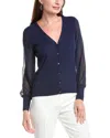 T Tahari Blouson Sleeve Rib Cardigan In Blue
