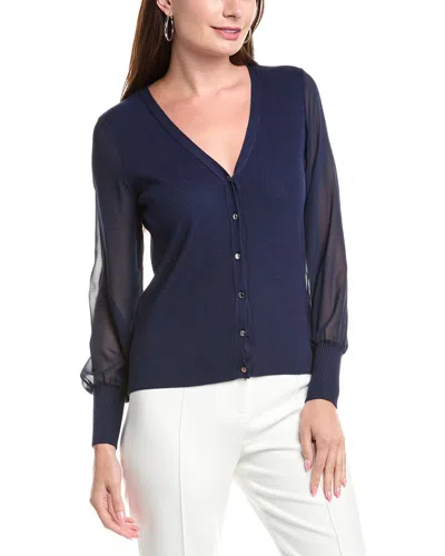 T Tahari Blouson Sleeve Rib Cardigan In Blue