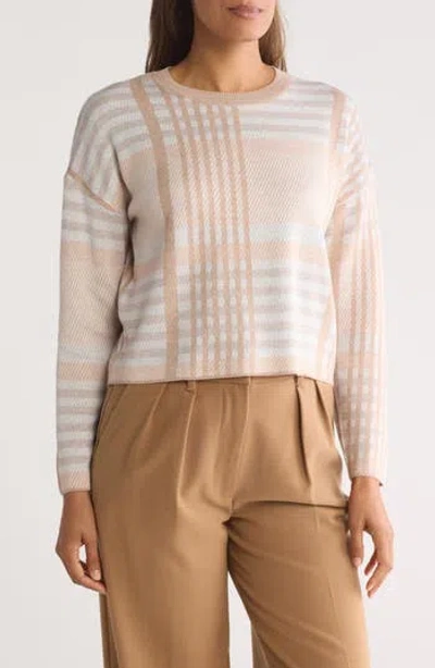 T Tahari Boxy Crewneck Sweater In Neutral Combo Plaid