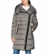 T TAHARI BROOKLYN ASYMMETRIC LONG PUFFER COAT IN MINK GRAY