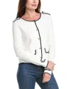 T Tahari Long Sleeve Crewneck Button Down Cardigan In White