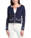 T Tahari Long Sleeve Crewneck Button Down Cardigan In Blue