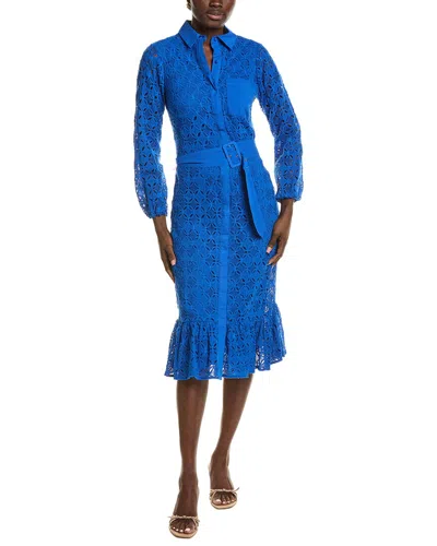 T Tahari Button Down Lace Midi Dress In Blue