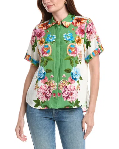 T Tahari Button Down Linen-blend Blouse In Green
