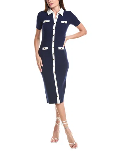 T Tahari Button Front Midi Dress In Blue