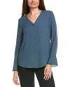 T Tahari Button Front V-neck Blouse In Blue