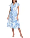 T Tahari Button Linen-blend Dress In Blue