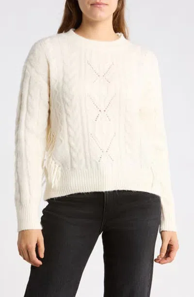 T Tahari Cable Stitch Fringe Sweater In Neutral