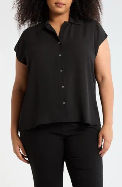 T Tahari Cap Sleeve Button-up Shirt In Black