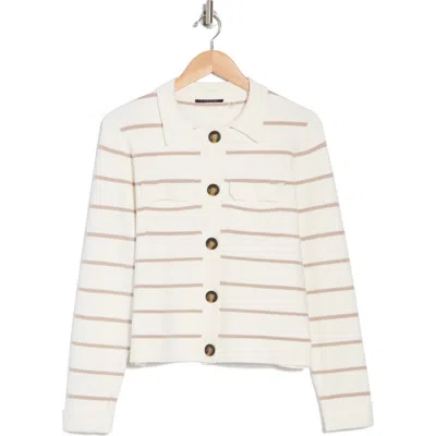 T Tahari Collar Button Front Cardigan In Cream/khaki Stripe