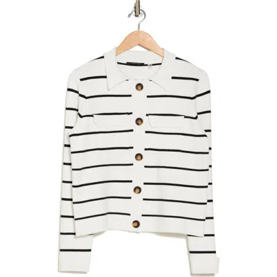 T Tahari Collar Button Front Cardigan In Snow Globe/black Stripe