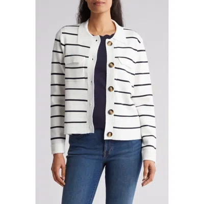 T Tahari Collar Button Front Cardigan In Snow Globe/navy Stripe