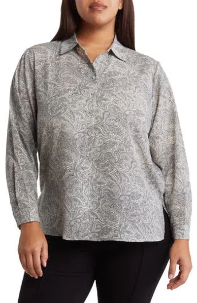 T Tahari Collared Long Sleeve Button Front Shirt In Black/white Paisley Print