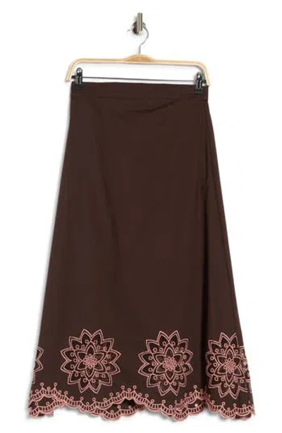 T Tahari Contrast Embroidered A-line Midi Skirt In Brown
