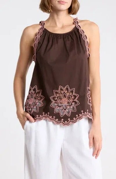 T Tahari Contrast Embroidered Tank In Brown