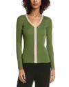 T Tahari Contrast Stripe Rib Sweater In Green
