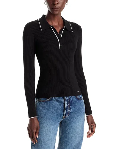T Tahari Contrast Tipped Rib Knit Polo Sweater In Black