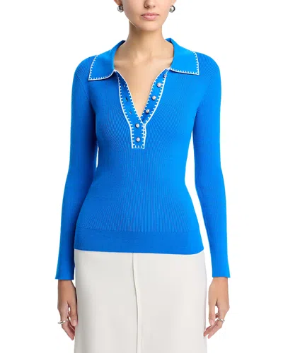 T Tahari Contrast Whipstitch Rib Sweater In Blue
