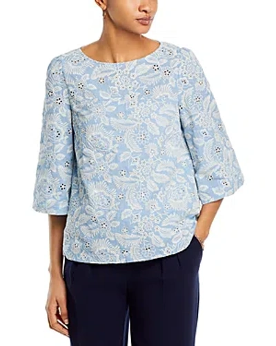 T Tahari Cotton Floral Eyelet Boat Neck Top In Blue/ivory