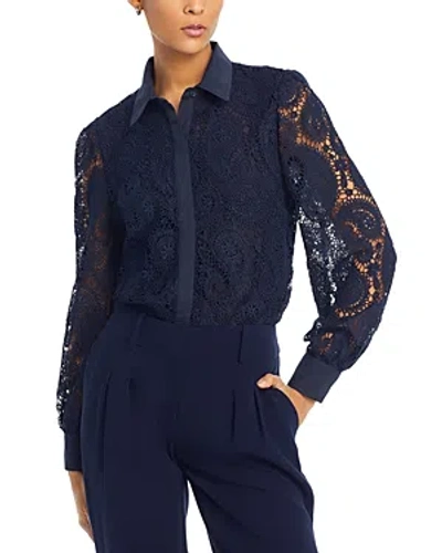 T Tahari Cotton Lace Shirt In Navy