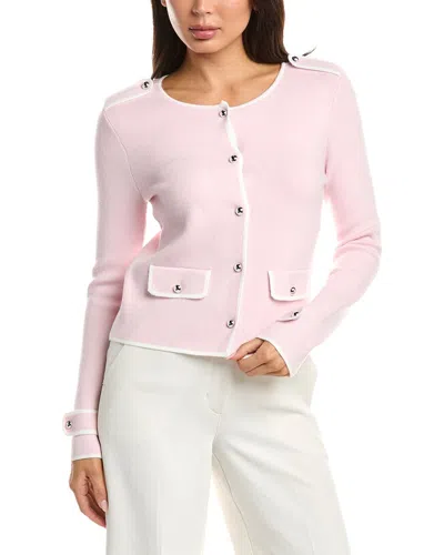 T Tahari Crew Button Down Cardigan In Pink