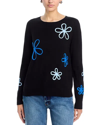 T Tahari Crewneck Floral Applique Pullover Sweater In Black